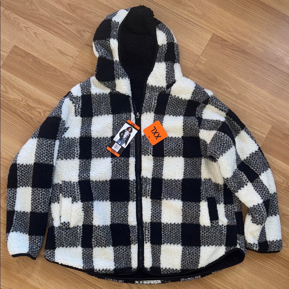 NWT Plaid Hooded Sherpa Jacket in Black and White XXL Weatherproof